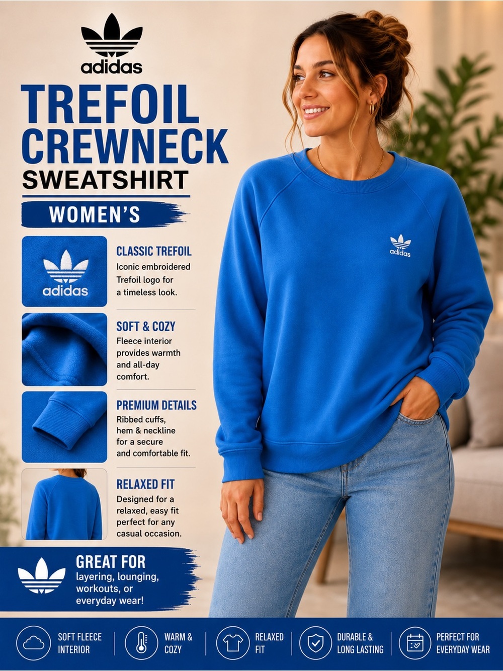 adidas Women’s Trefoil Crewneck Sweatshirt — Blue